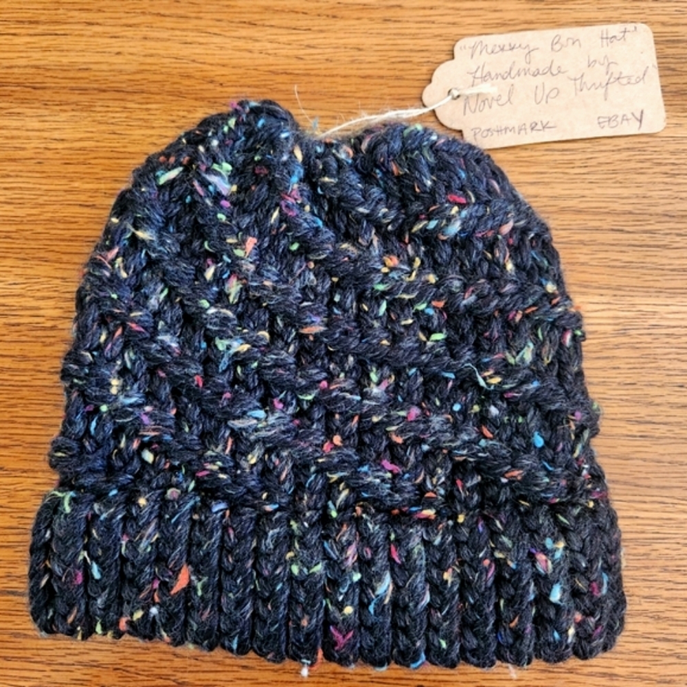 Hand Made Women's Spiral Knit Messy Bun Pony Tail Beanie in Charcoal Rainbow 🌈